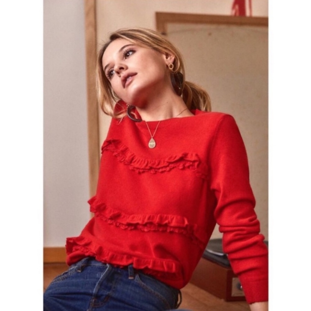 Sezane Andreas Red Ruffle Wool Cashmere Jumper